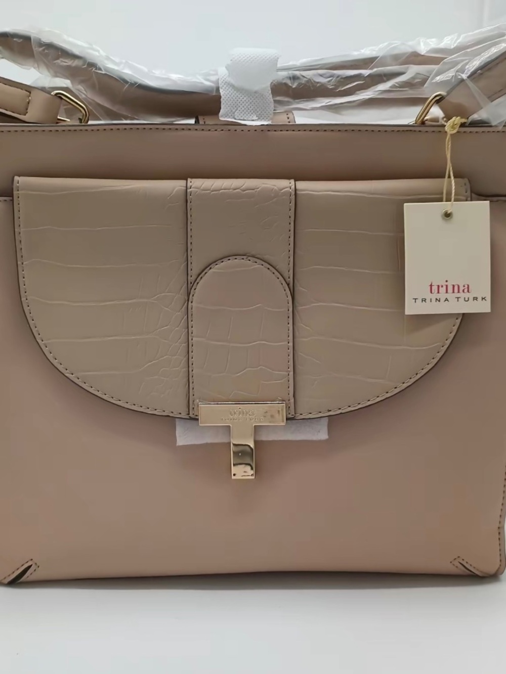 NWT Trina Turk Croc-Embossed Structured Satchel Tote Bag - Cashmere Beige